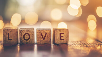 Love message written in wooden blocks in bokeh background. Valentine day.