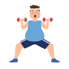 Fat man lifting dumbbells. Obesity male doing exercise.