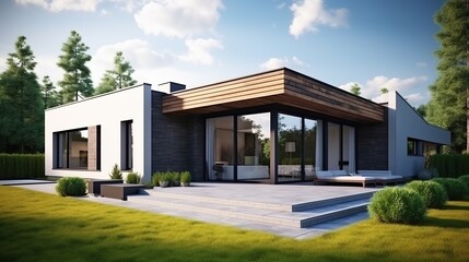 Fototapeta na wymiar Impressive Villa building, Perspective of luxury modern house during the day with forest lake background, Minimal architectural design ideas.