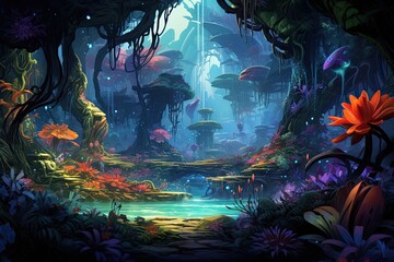Fantasy landscape with fantasy trees and plants, 3d illustration, AI Generated