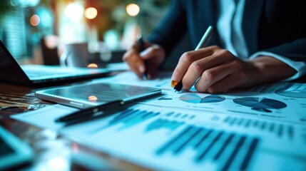 Business adviser analyzing financial figures denoting the progress in the work of the company