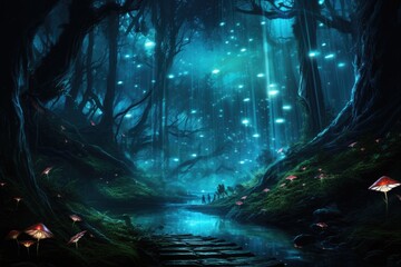 Obraz premium Mysterious dark forest with fog and lights. 3D rendering, An ethereal forest with bioluminescent mushrooms and insects, AI Generated
