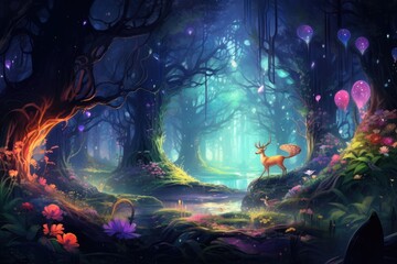 Fototapeta premium Fantasy forest with a deer in the night. Digital painting, An ethereal forest with colorful magical creatures in it, AI Generated
