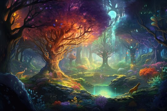 Fantasy landscape with fantasy forest and animal. Digital painting illustration, An ethereal forest with colorful magical creatures in it, AI Generated