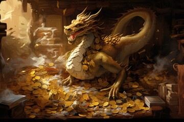Dragon and gold coins in the temple. 3d render illustration, An imposing dragon guarding its hoard of golden treasures, AI Generated