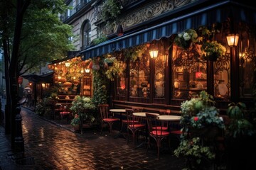 Parisian restaurant at night. Paris is the capital and most populous city of France, An inviting...