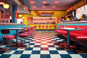 Interior of a cafe with tables and chairs, 3D rendering, An old American diner in the style of pop...