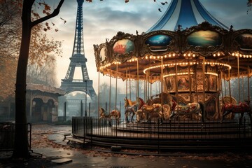 Carousel in Paris with the Eiffel tower in the background, An old carousel in Paris with Eiffel Tower in background, AI Generated