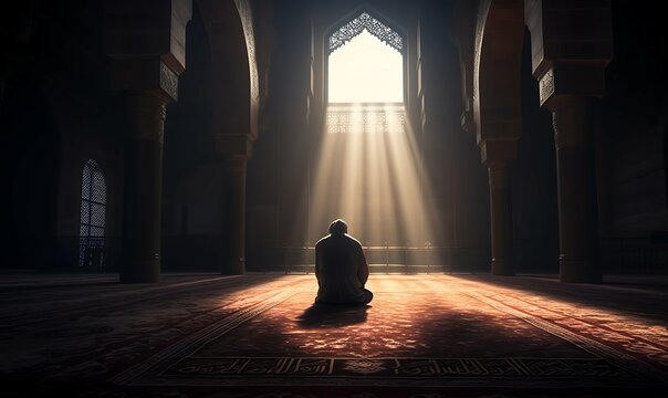 Islamic people alone in mosque kneeling on deep consentration for pray, facing Mecca, natural light by sun, back view AI image Generative