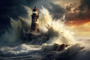 Naklejka premium Lighthouse on stormy sea. 3d rendering. Elements of this image furnished by NASA, An old lighthouse during a violent storm with crashing waves, AI Generated