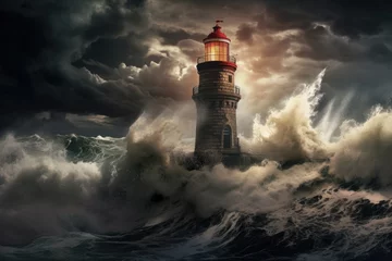 Fotobehang Lighthouse in stormy sea at sunset. 3D rendering, An old lighthouse during a violent storm with crashing waves, AI Generated © Iftikhar alam
