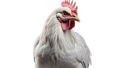 A majestic white rooster stands proudly outdoors, its striking red crest a symbol of strength and beauty in the world of galliformes poultry