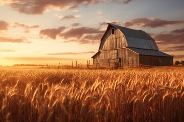 Sunset over an old barn in a wheat field in the countryside, An old rustic barn in wheat field under setting sun, AI Generated
