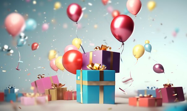
A Lots of gift boxes flying with confetti and balloons of various colors, surprisingly, 3d design for marketing AI image generative