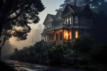 Old house in the foggy morning, Dalat, Vietnam, An old victorian house on a misty morning, AI Generated