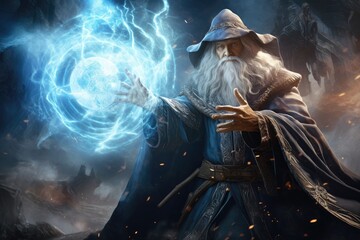 Fantasy image of a wizard with a magic wand. Halloween, An old wizard casting a spell, with magical energy swirling around him, AI Generated - obrazy, fototapety, plakaty