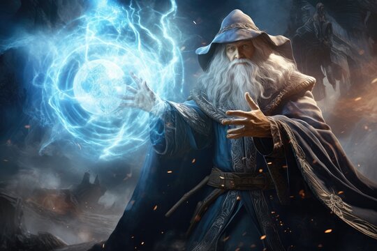 Fantasy image of a wizard with a magic wand. Halloween, An old wizard casting a spell, with magical energy swirling around him, AI Generated