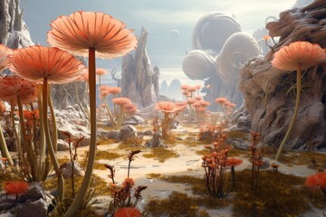 Fantasy alien planet. Mountain and flowers. 3D illustration, An otherworldly alien landscape with strange flora and fauna, AI Generated