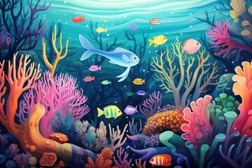 Fototapeta na wymiar Underwater scene with fishes and coral reef. Cartoon vector illustration, An underwater scene filled with cute, smiling sea creatures and corals in vibrant colors, AI Generated