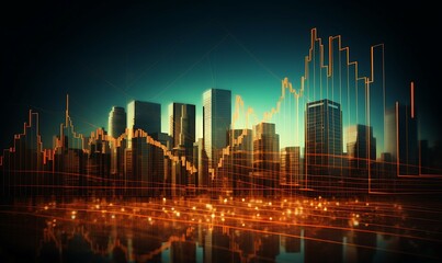 Fototapeta na wymiar Panoramic city view, Market chart of business investment financial data profit, stock market and trading, business background Ai image generative