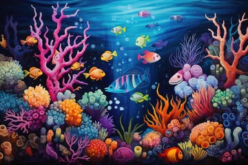 Underwater world. Underwater world. Underwater world. Vector illustration, An underwater scene filled with cute, smiling sea creatures and corals in vibrant colors, AI Generated
