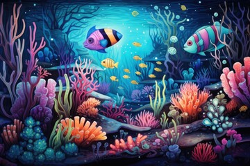Underwater scene with fishes and corals. Underwater world, An underwater scene filled with cute, smiling sea creatures and corals in vibrant colors, AI Generated