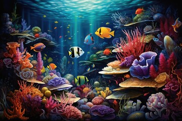 Underwater scene with coral reef and fishes. 3D illustration, An underwater scene showcasing a...