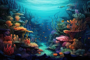 Fototapeta na wymiar Underwater world with corals and tropical fish. 3D rendering, An underwater scene showcasing a myriad of sea creatures, AI Generated