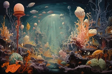  Underwater scene with coral reef, fish, seaweed and other elements, An underwater scene showcasing a myriad of sea creatures, AI Generated © Iftikhar alam