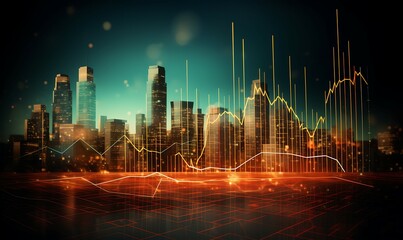 Fototapeta na wymiar Panoramic city view, Market chart of business investment financial data profit, stock market and trading, business background Ai image generative