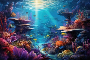 Obraz na płótnie Canvas Underwater world with corals and tropical fish. 3D rendering, An underwater scene teeming with vibrant marine life, AI Generated