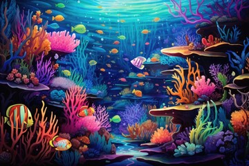 Fototapeta na wymiar Underwater scene with corals and tropical fish. Underwater world, An underwater scene teeming with vibrant sea creatures, AI Generated