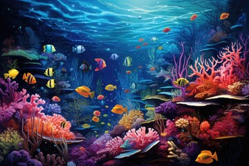Fototapeta na wymiar Underwater world with colorful corals and tropical fish. 3D rendering, An underwater scene teeming with vibrant sea creatures, AI Generated
