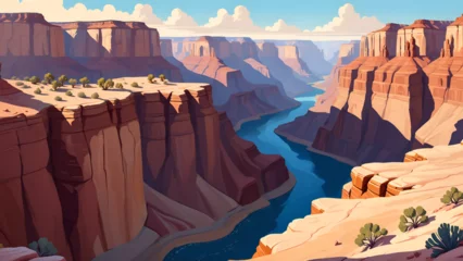 Fotobehang Canyon landscape in the style of colorful 20s 30s animation © Elliot