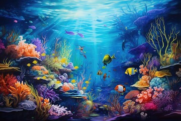 Obraz na płótnie Canvas Underwater world with corals and tropical fish. 3d rendering, An underwater world, depicting the vibrant life beneath the sea, AI Generated