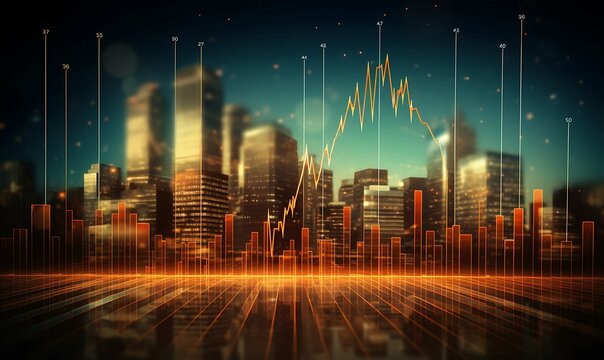 Panoramic city view, Market chart of business investment financial data profit, stock market and trading, business background Ai image generative