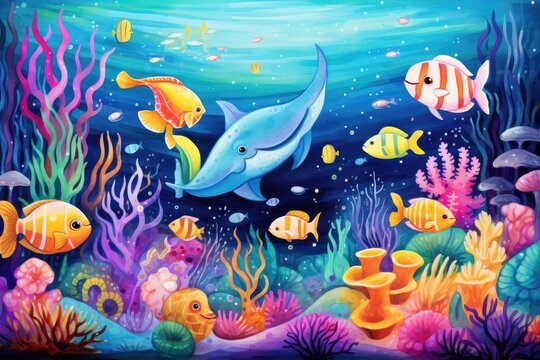Underwater scene with corals, fishes and algae. Vector illustration, An underwater scene filled with cute, smiling sea creatures and corals in vibrant colors, AI Generated
