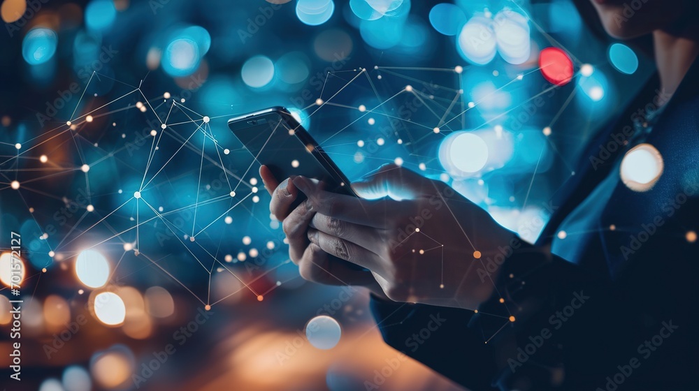 Poster businessman using mobile smartphone and icon network connection data with growth graph