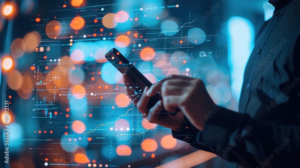 Poster businessman using mobile smartphone and icon network connection data with growth graph