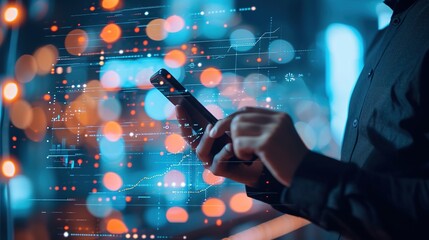 businessman using mobile smartphone and icon network connection data with growth graph 