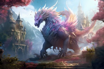 Fototapeta premium Fantasy landscape with fantasy dragon and castle. 3D illustration, A fantasy realm alive with mythical creatures, AI Generated
