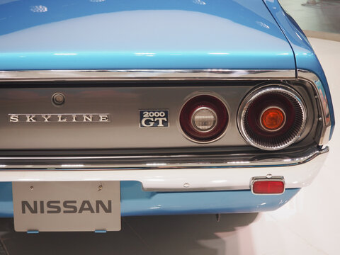 TOKYO, JAPAN - December 7, 2023: The back of a 1972 Nissan Skyline 2000GT on display at the Nissan Crossing showroom in Ginza Place.