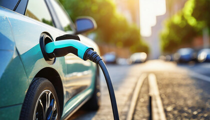 Naklejka premium Charging an electric car in the city, closeup of a charging cable