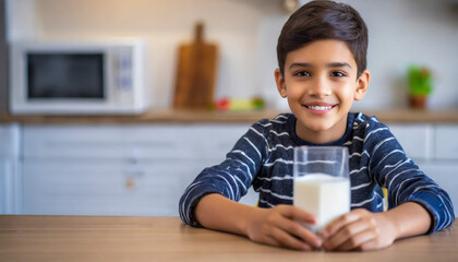 Portrait of smiling boy holding glass of milk in kitchen at home - obrazy, fototapety, plakaty