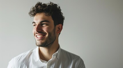 Close-up of confident businessman in white shirt, looking left and smiling satisfied, standing over white background