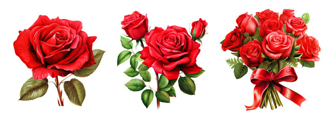 Watercolor Red Roses Flowers Clipart isolated on Transparent Background. Hand Drawn Watercolor Roses Flowers Png.