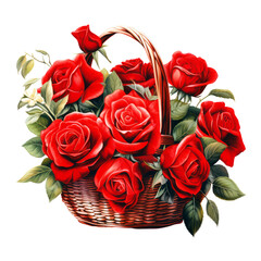 Watercolor Red Roses Flowers in Basket Clipart isolated on Transparent Background. Hand Drawn Watercolor Roses Flowers Png.

