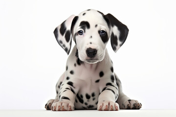 Seated Dalmatian puppy, backview, examining, searching. Proud, playful, purebred. Obedience training, isolated studio shot. AI Generative.