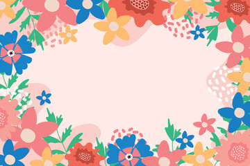 Fototapeta na wymiar Minimalistic floral background with pink and blue flowers and green twigs.
