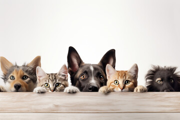 Cute dogs and cats peek over web banner. AI Generative forms a friendly pet header with attentive eyes. - obrazy, fototapety, plakaty